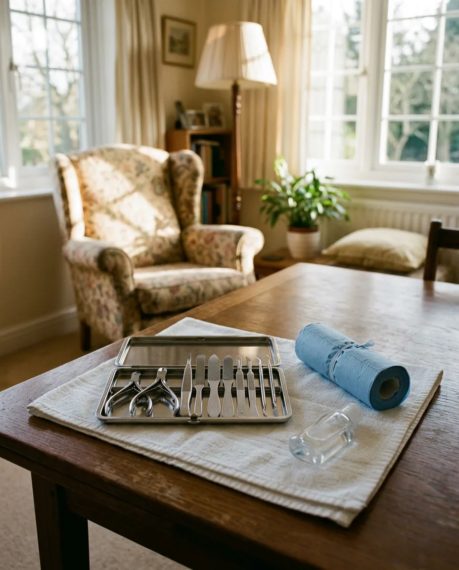 A podiatrist's instrument case and tools set out on a table during a home visit